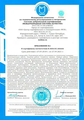 Приложение №1 к сертификату №МСК.ОС1 изображение